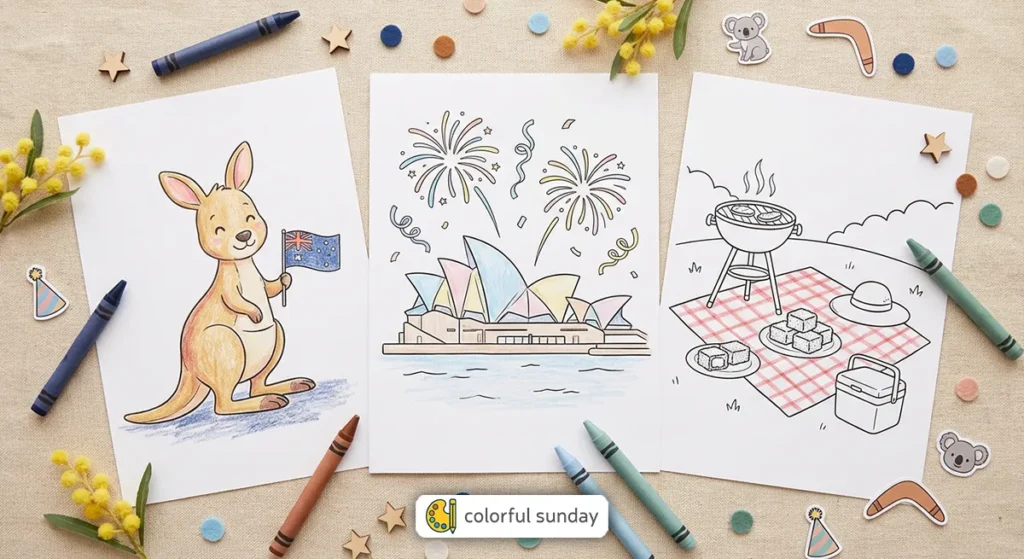 three coloring pages related to Australia Day