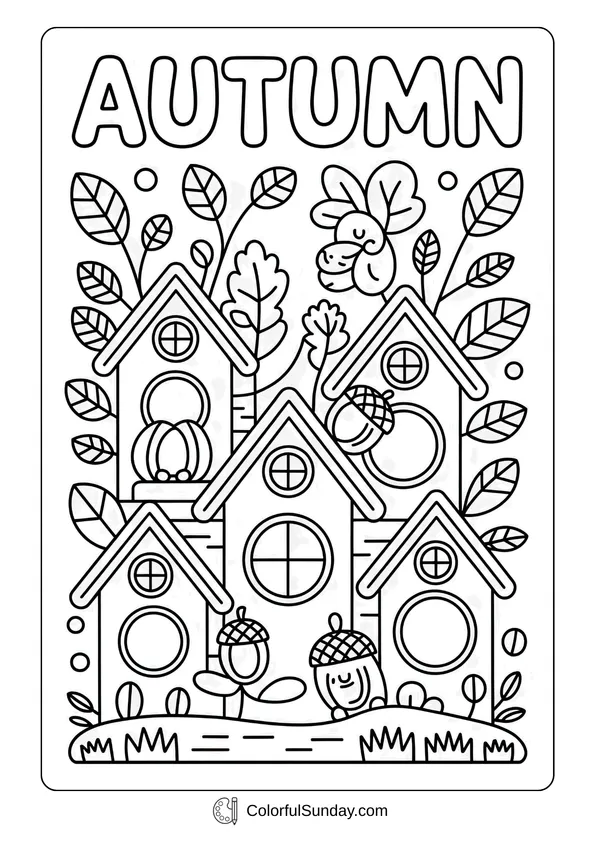 Pokemon Badges And Logo Coloring Page A village of acorn-shaped houses surrounded by leaves and pumpkins under the word Autumn in a coloring page.