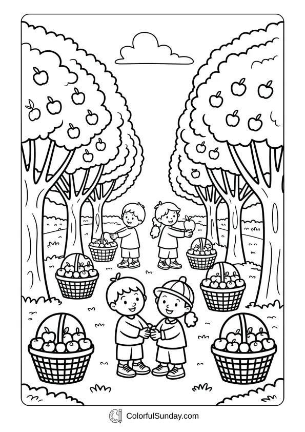 Pokemon Badges And Logo Coloring Page Children picking apples in an orchard and filling baskets in this autumn harvest coloring page.