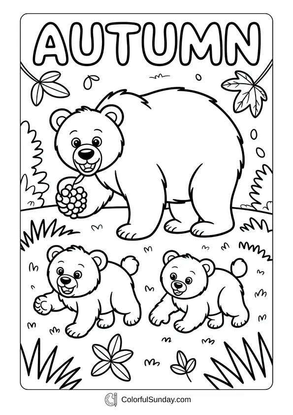 Pikachu From Pokemon Coloring Page Coloring page with a big bear and two playful bear cubs under the word Autumn.