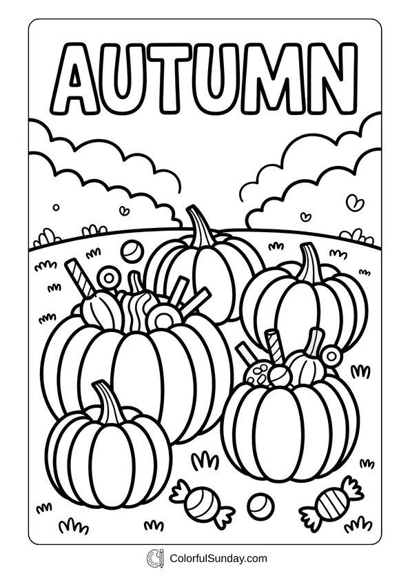 Pokemon Badges And Logo Coloring Page Pumpkins filled with candy and sweets on a hillside under the word Autumn in a festive coloring page.