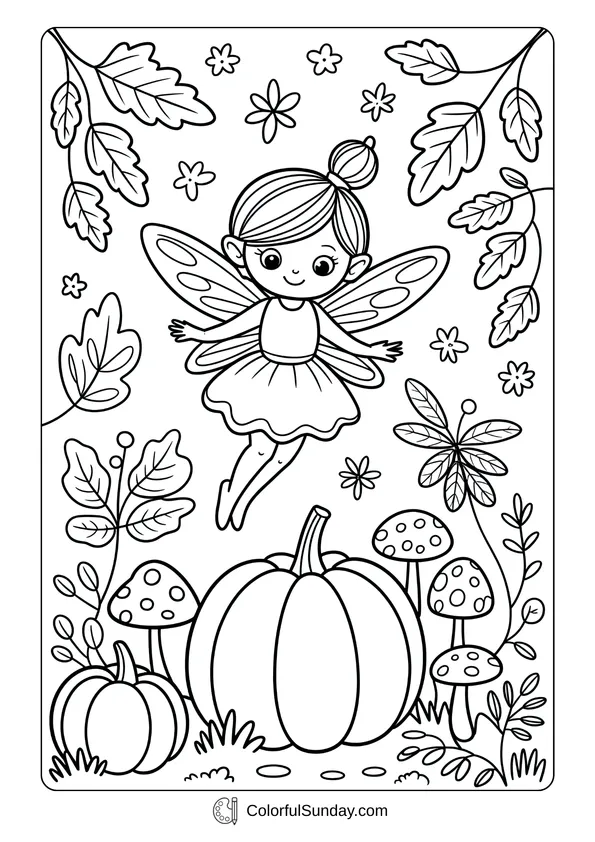 Pokemon Badges And Logo Coloring Page A fairy flying over pumpkins and mushrooms surrounded by autumn leaves in a magical coloring page.