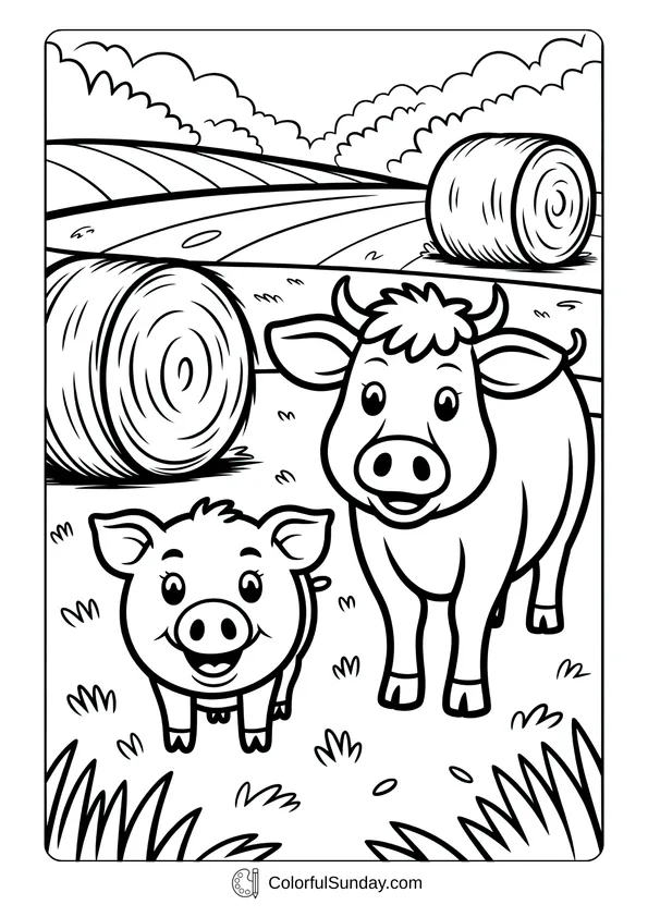 Pokemon Badges And Logo Coloring Page A cow and a pig standing together in a farm field with hay bales in this autumn coloring page.