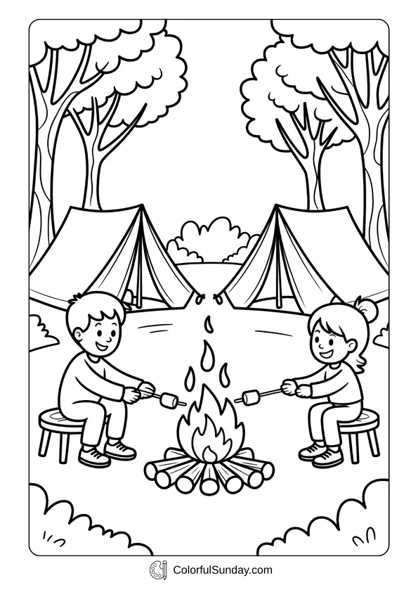 Pokemon Badges And Logo Coloring Page Children roasting marshmallows at a campfire with tents in the background in this autumn camping coloring page.