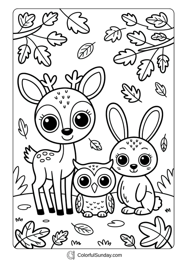 Pikachu From Pokemon Coloring Page A deer, an owl, and a rabbit standing together among falling leaves in an autumn forest coloring page.
