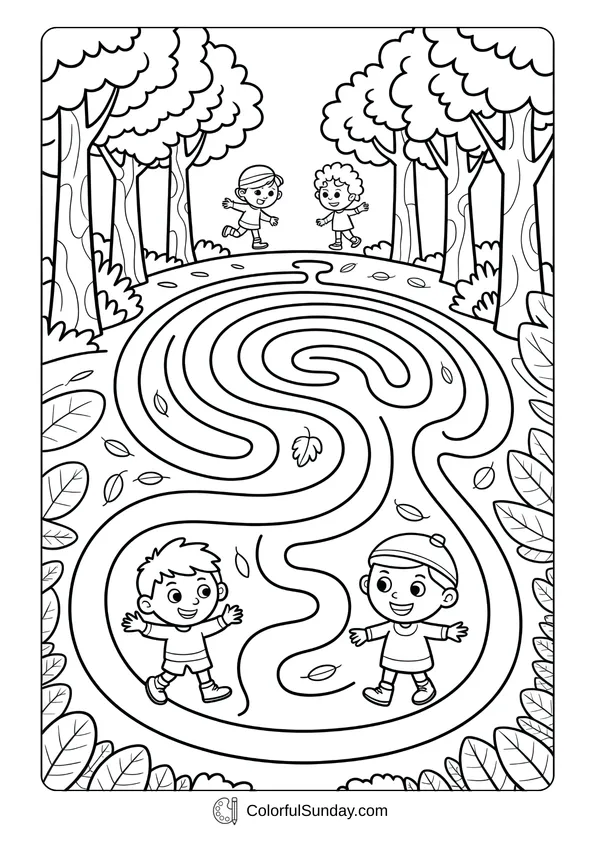 Pokemon Badges And Logo Coloring Page Children running through a maze in the forest surrounded by autumn leaves in this fun coloring page.
