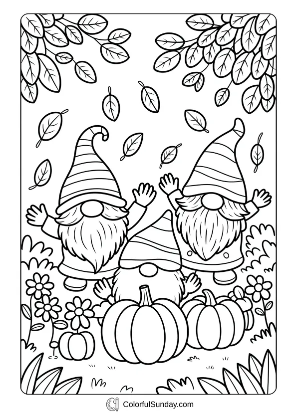 Pikachu From Pokemon Coloring Page Three gnomes with long beards and striped hats standing among pumpkins and falling leaves in a garden coloring page.