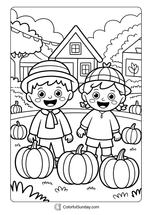 Pokemon Badges And Logo Coloring Page Two children standing in a yard full of pumpkins with houses in the background in this autumn harvest festival coloring page.