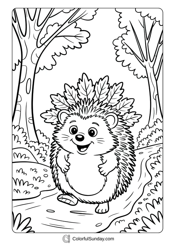 Pokemon Badges And Logo Coloring Page A happy hedgehog walking on a path with autumn leaves on its back featured in a coloring page.