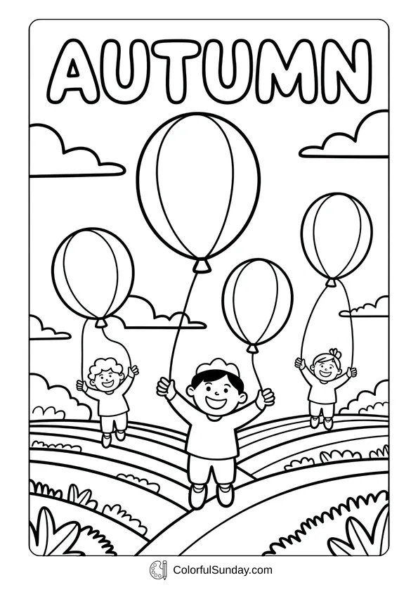 Pokemon Badges And Logo Coloring Page Children holding large balloons under the word Autumn in a fun coloring page.