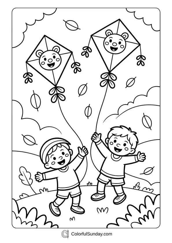 Pikachu From Pokemon Coloring Page Kids flying kites with bear faces on them while autumn leaves float in the sky in this playful coloring page.