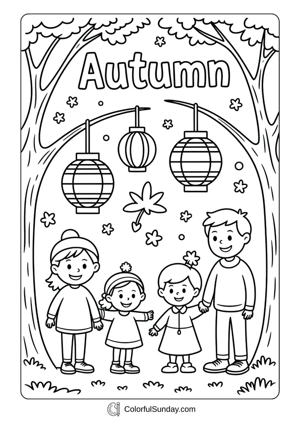 Pokemon Badges And Logo Coloring Page Family enjoying lanterns hanging from trees during Autumn in a festive coloring page.
