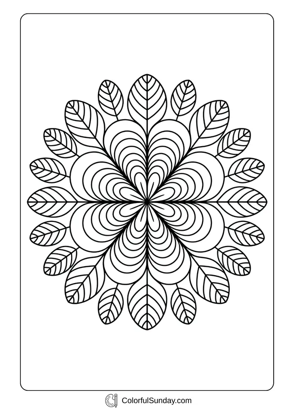 Pikachu From Pokemon Coloring Page Leaf mandala design with repeating autumn leaf patterns drawn in a detailed coloring page.