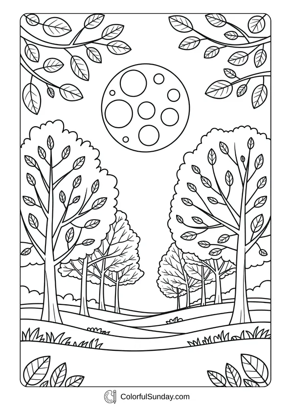 Pikachu From Pokemon Coloring Page An autumn forest scene with tall trees, branches, and a full moon above in a peaceful coloring page.