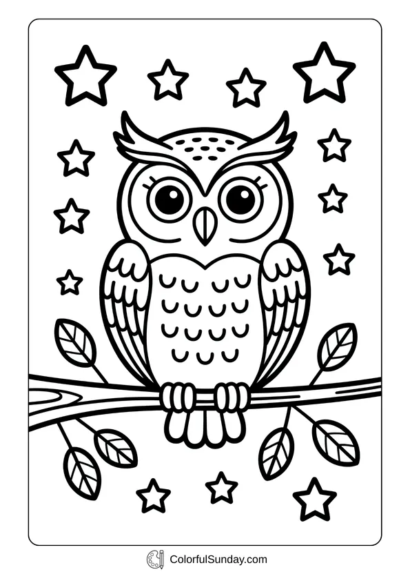 Pikachu From Pokemon Coloring Page An owl perched on a tree branch at night surrounded by stars and leaves in a coloring page.