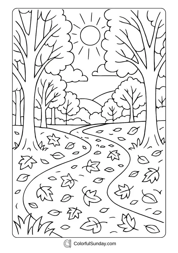 Autumn Path September Coloring Page September autumn path surrounded by tall trees and falling leaves in a peaceful coloring page.