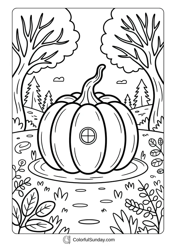 Pikachu From Pokemon Coloring Page A giant pumpkin shaped like a house sits in a forest clearing in this autumn coloring page.