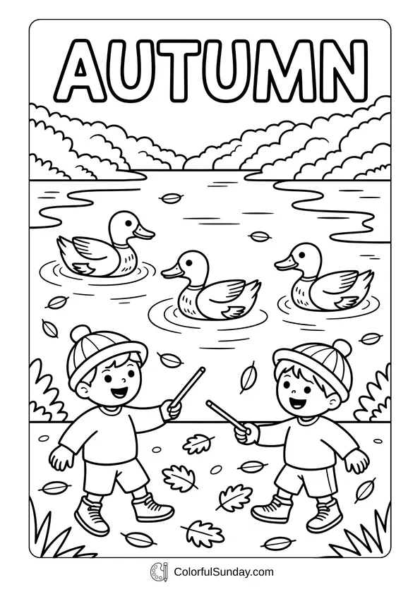Pokemon Badges And Logo Coloring Page Two kids playing near a river with ducks swimming, featured in an Autumn coloring page.