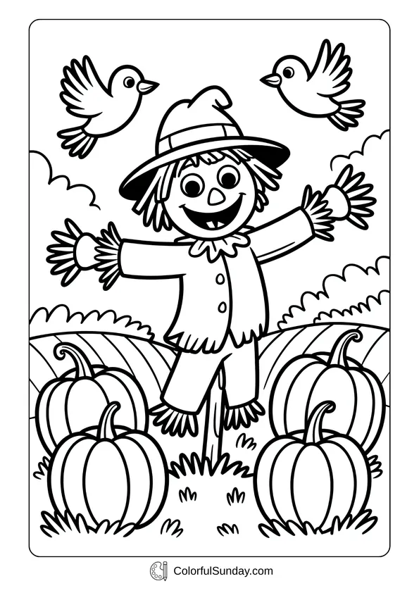 Pikachu From Pokemon Coloring Page A scarecrow smiling in a pumpkin field with birds flying around in a festive autumn coloring page.