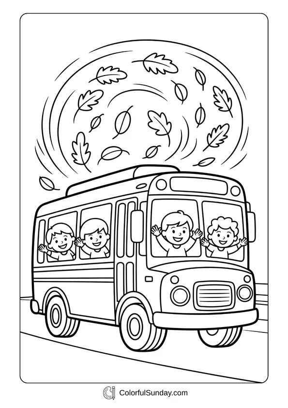 Pokemon Badges And Logo Coloring Page Children waving happily from a school bus while autumn leaves swirl in the air in this coloring page.