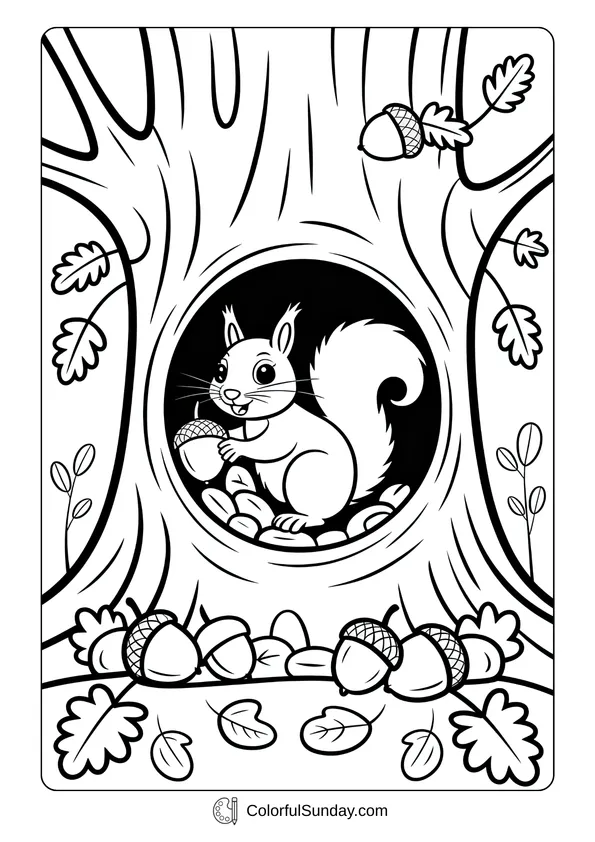 Pikachu From Pokemon Coloring Page A squirrel sitting inside a tree hole holding an acorn surrounded by leaves in a coloring page.