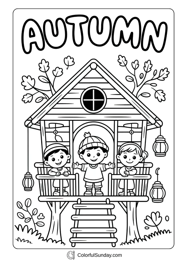 Pokemon Badges And Logo Coloring Page Kids standing in a treehouse decorated with lanterns under the word Autumn in a fun coloring page.