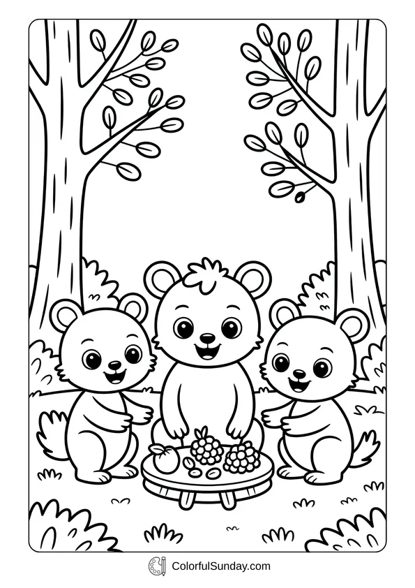 Pikachu From Pokemon Coloring Page Three small cute bears enjoying fruit at a picnic table in a forest clearing in this autumn woodland coloring page.