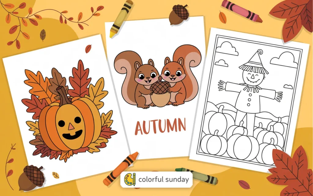 three coloring pages related to the Autumn season