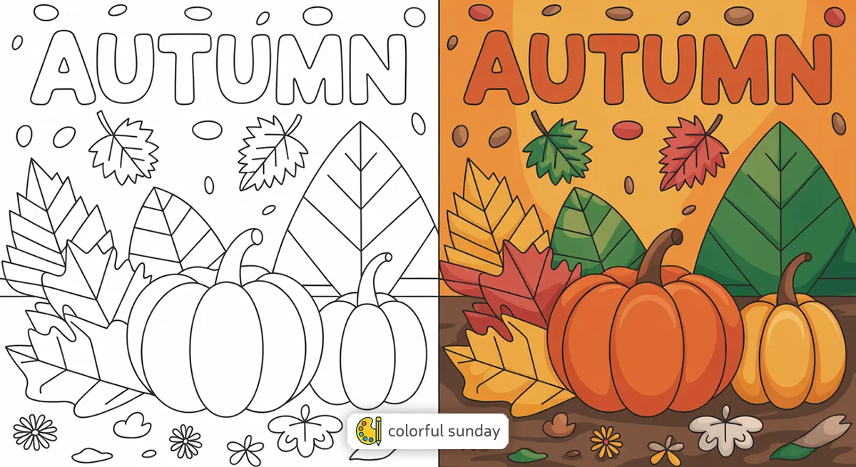 Autumn coloring pages featured image, left side uncolored, right side fully colored