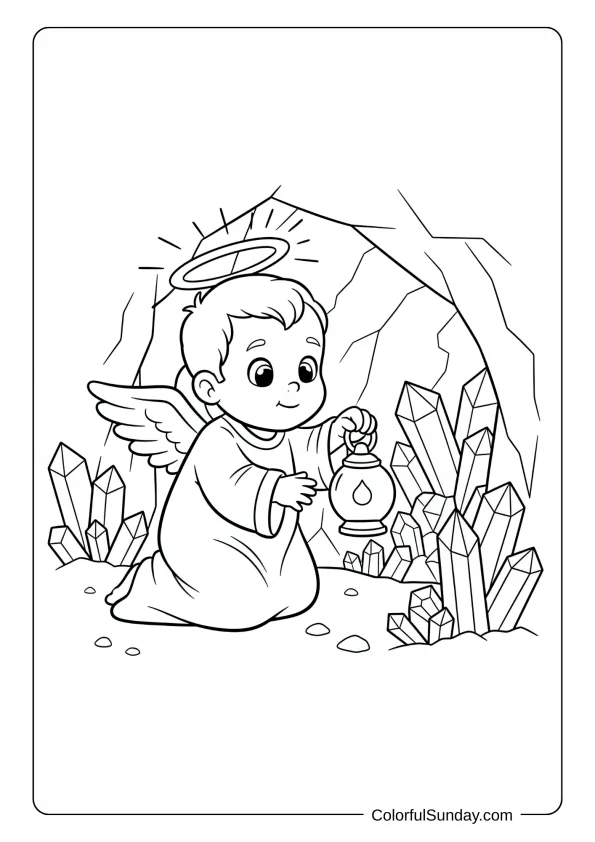 A baby angel coloring picture exploring a crystal cave with a lantern in hand.