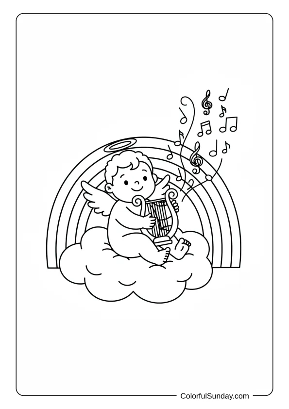 A baby angel coloring picture playing a harp on a cloud with a rainbow behind.