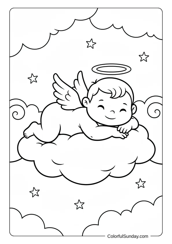 A baby angel coloring page showing a cherub relaxing on a fluffy cloud in heaven.