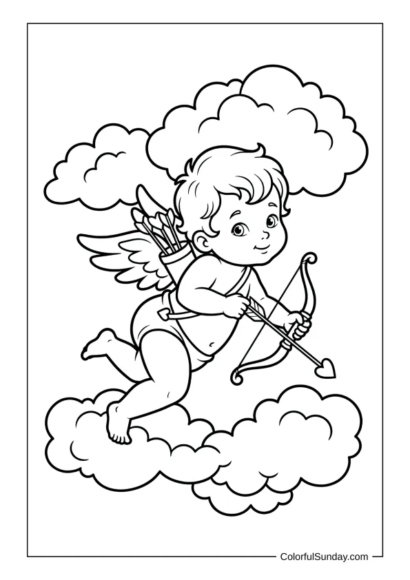 Sweet baby Cupid flying through fluffy clouds in a charming coloring page.