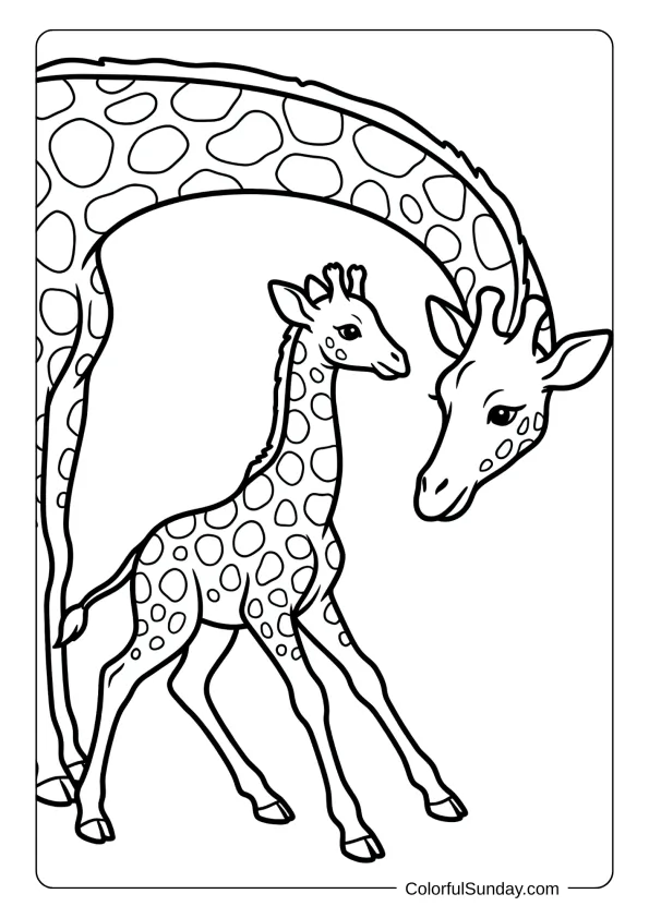 A coloring page of an adorable baby giraffe taking first wobbly steps while mother watches with love.