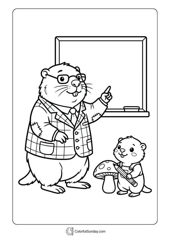Adorable baby groundhog learns from parent in this sweet Groundhog Day coloring page