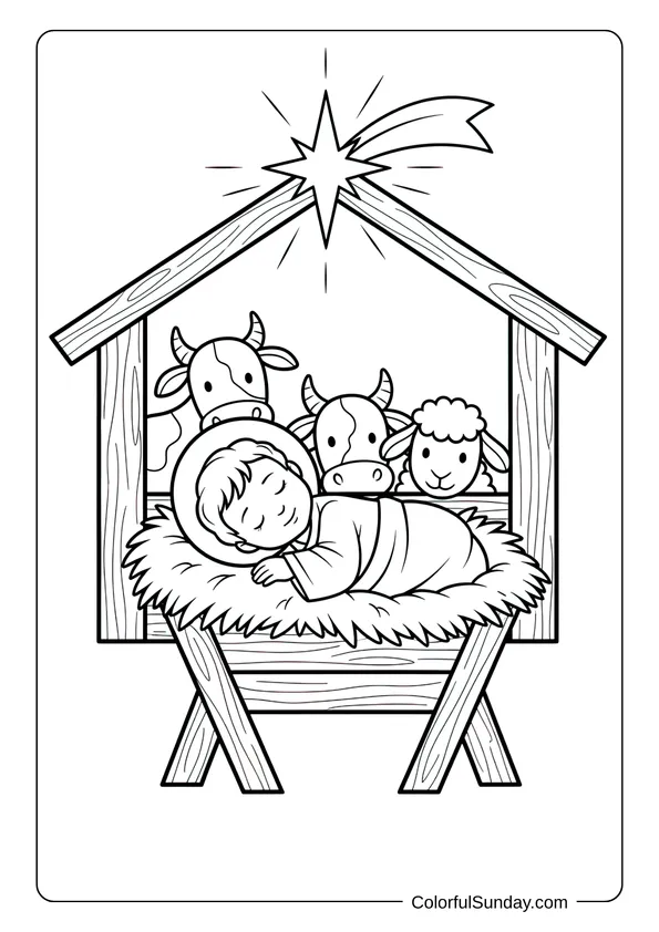 A coloring page of baby Jesus sleeping in the manger in a nativity scene.