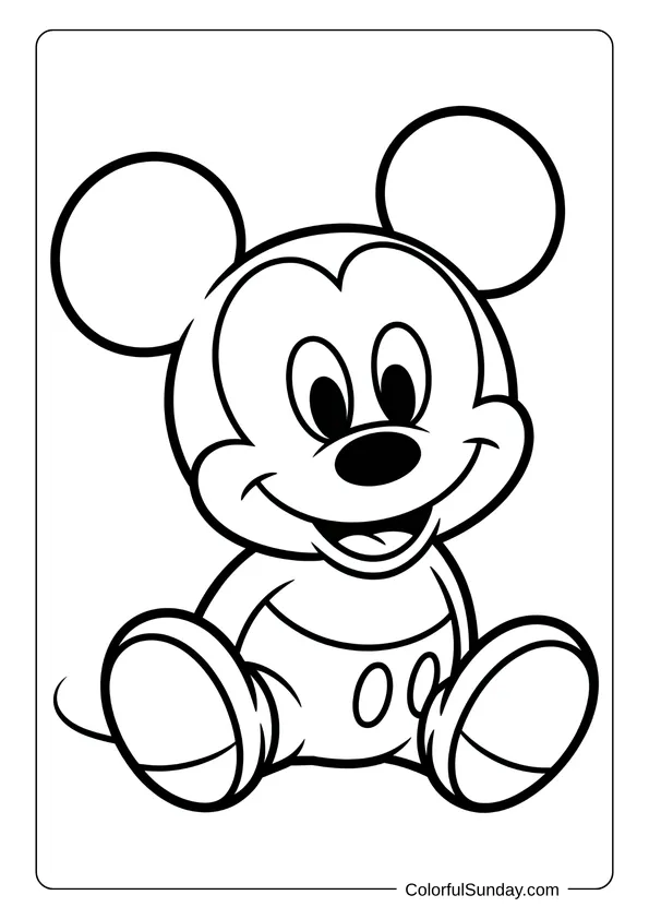 Pokemon Badges And Logo Coloring Page Baby Mickey Mouse sitting with a big smile is shown in this adorable coloring page.