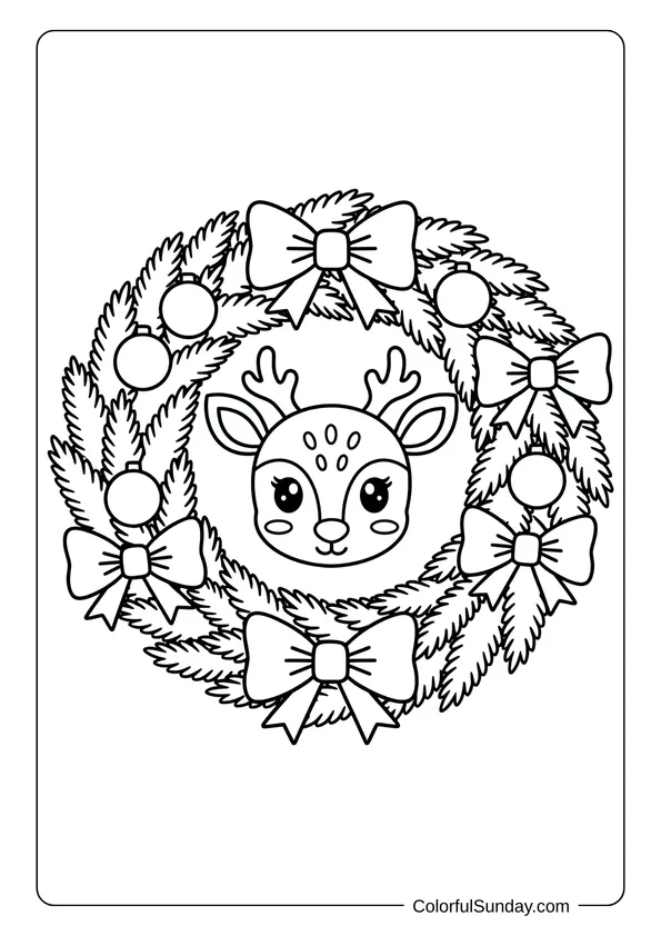 A Christmas wreath coloring page with a baby reindeer face in the center.