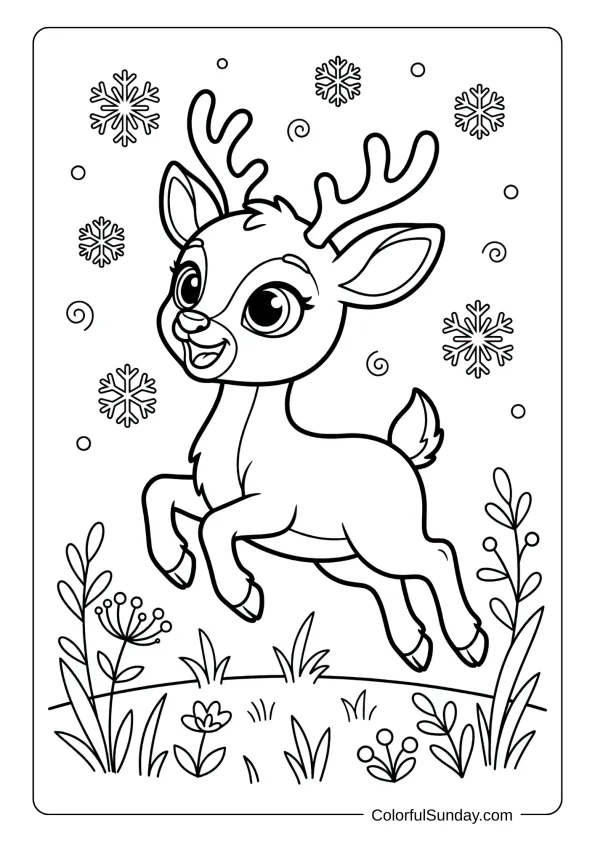 An adorable baby reindeer coloring picture with large eyes playing in a snowy meadow.