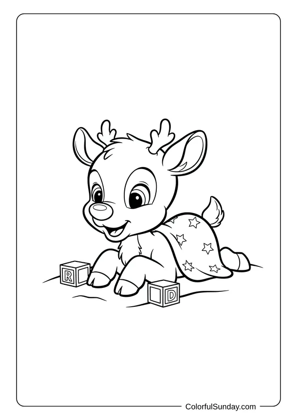 A coloring picture of baby Rudolph the reindeer lying down in a playful pose.