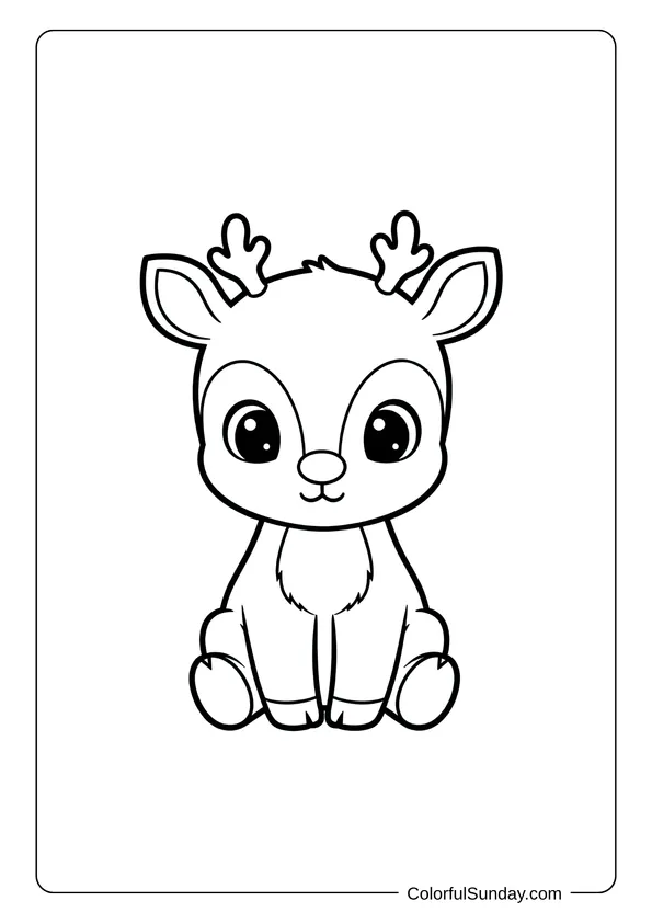 A coloring picture of baby Rudolph the reindeer sitting down with large eyes and small antlers.