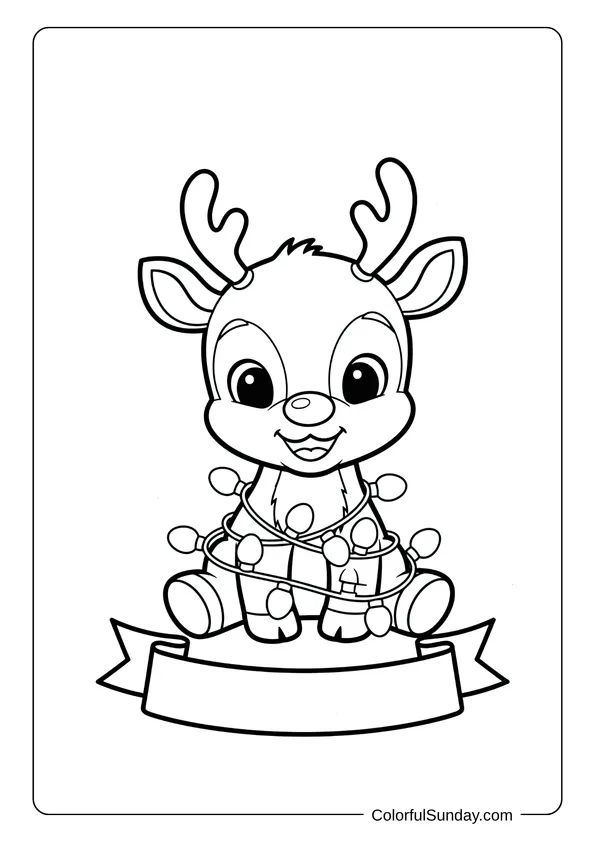A coloring page of baby Rudolph the reindeer with Christmas lights wrapped around him.