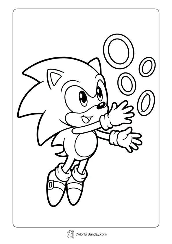 A coloring page of cute baby Sonic reaching for golden rings coloring page