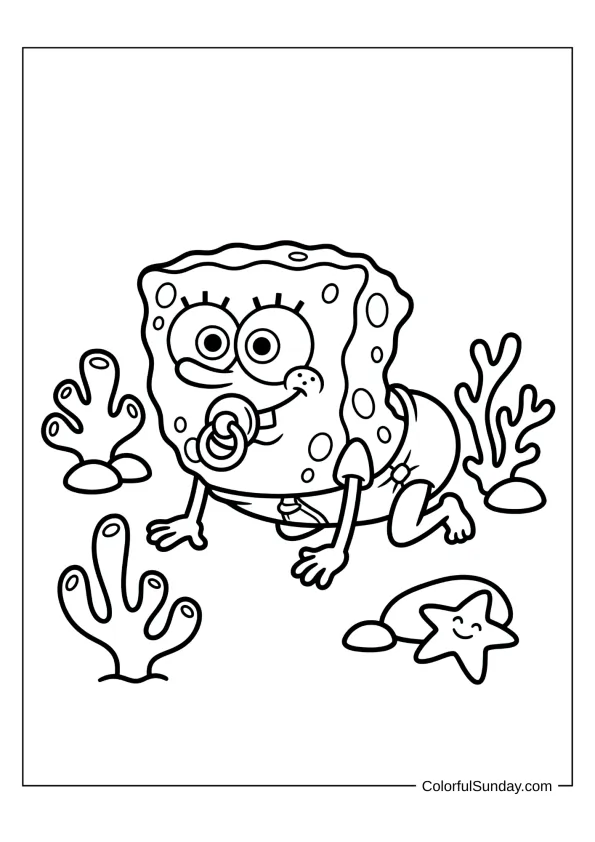 Cute baby SpongeBob crawling with a pacifier in an adorable coloring page