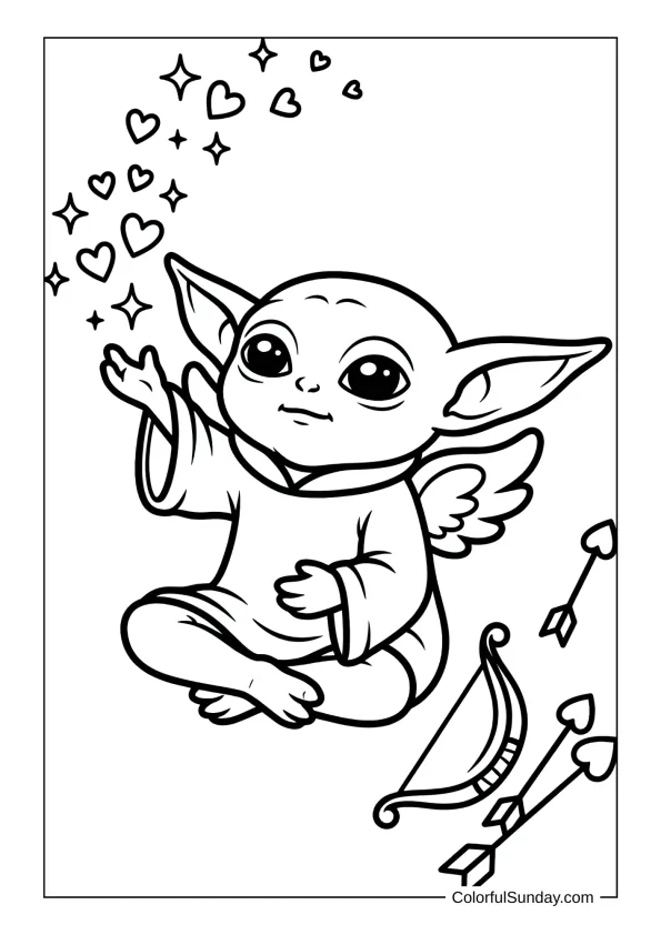 Baby Yoda Cupid floating calmly and using love magic in a cute coloring page.