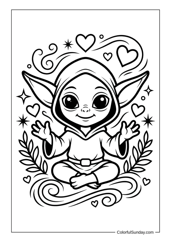 Baby Yoda with hearts coloring page for kids