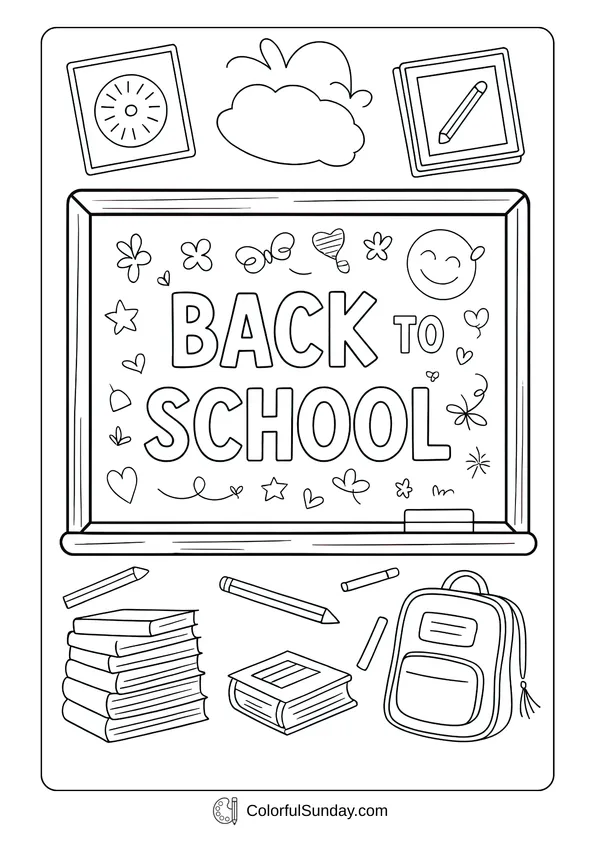 Back to school blackboard filled with doodles, books, pencils, and a backpack, fun coloring page.