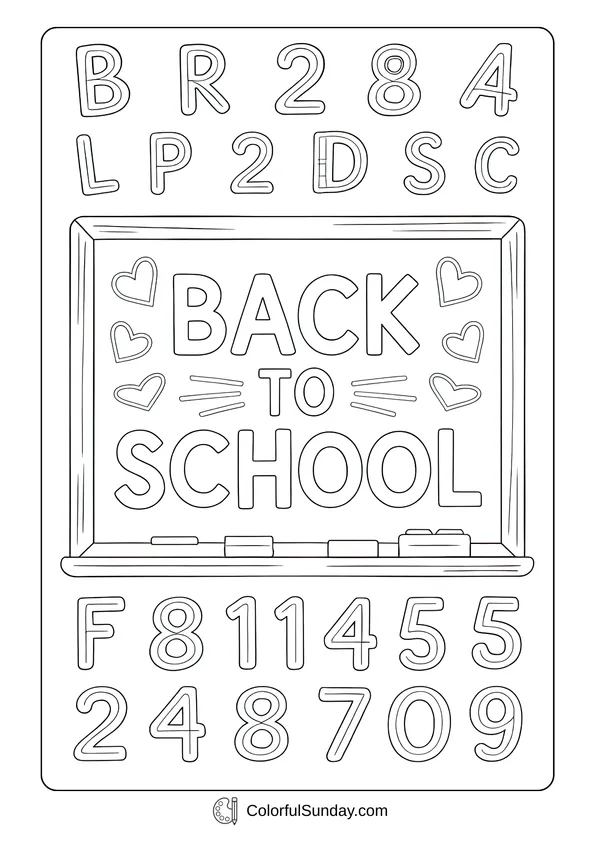 Back to school chalkboard with big letters, numbers, and hearts around it, educational coloring page.