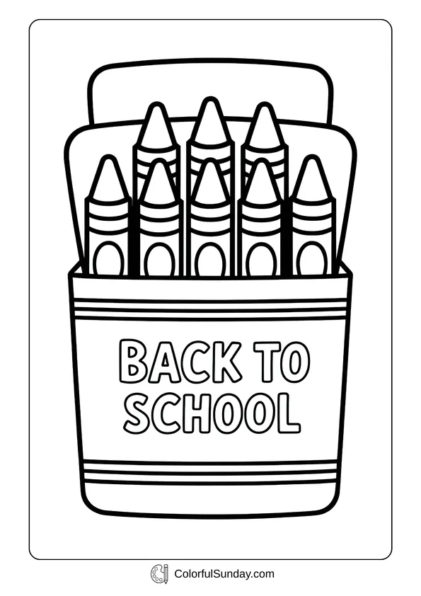 Box of crayons labeled “Back to School,” simple and bold coloring page.