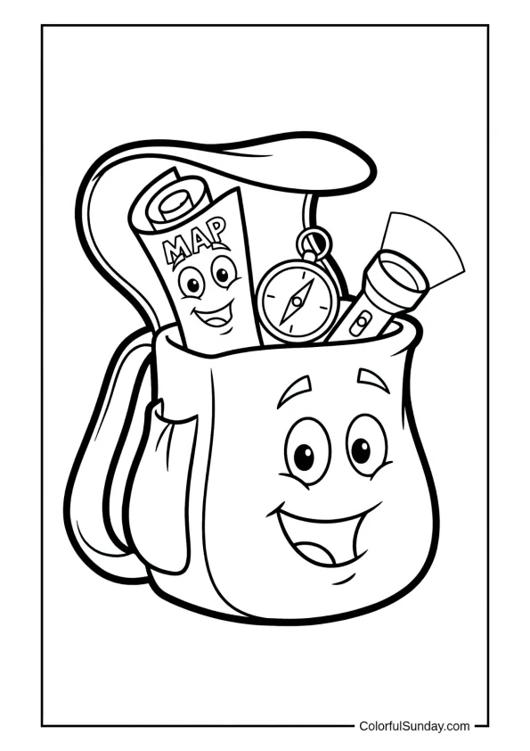 Backpack overflowing with Map, a compass and flashlight for an adventure in this Dora the Explorer coloring page.